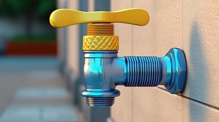 Close-up new metal taps with valve for drinking water pipeline. Outdoor water supply tap. - obrazy, fototapety, plakaty