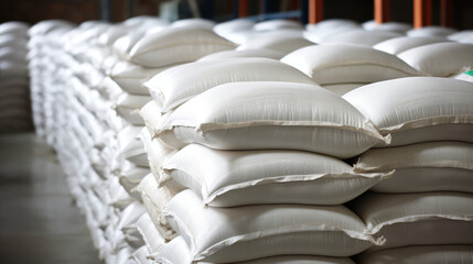 Close-up of a warehouse with bulk rice or sugar bags in a distribution center. White bag rice storage barn, bulk rice procurement, production and transportation of rice. - obrazy, fototapety, plakaty