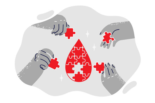 Puzzle in shape of drop of blood with people hands calling attention to international donor day - Powered by Adobe