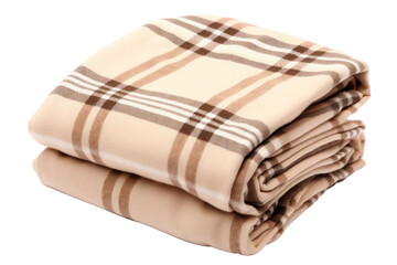 folded warm beige wool checkered plaid blanket, isolated cutout object on transparent background, png file