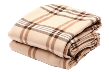 folded warm beige wool checkered plaid blanket, isolated cutout object on transparent background, png file