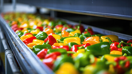 Lots of Fresh pepper on conveyor belt plant. Processing, quality control and packaging of fresh peppers. Selected vegetables, food industry. - Powered by Adobe
