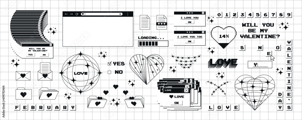Fototapete big set of stickers for valentine's day in a trendy y2k style in a monochrome palette. old computer 