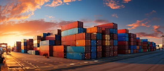 Stacks of Container Cargo in Container Logistics Industrial Port - obrazy, fototapety, plakaty