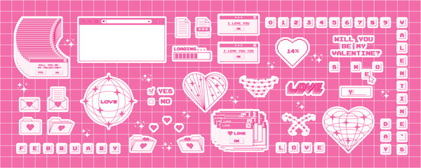 Big set of stickers for Valentine's Day in a trendy y2k style. Old computer aesthetics from the 90s, 00s. Retro PC elements, user interface. Vector illustration