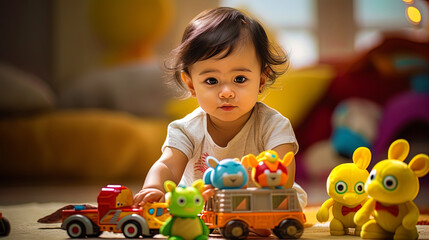 A creative portrait of a baby focusing on a game with toys