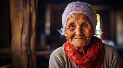 An old woman with an affectionate smile, glowing from warm memories