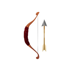 Bow with arrow vector illustration, archery or hunter tool for role game, medieval weapon item, ancient warrior asset