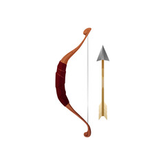 Bow with arrow vector illustration, archery or hunter tool for role game, medieval weapon item, ancient warrior asset