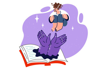Exciting book with hands monster and woman jumping in textbook, for concept interesting literature