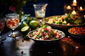 ceviche hispanic dish at festive christmas dinner decorated with pomegranate seeds.