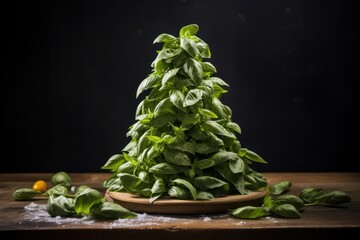 christmas tree made of green basil leaves on the table on black background. Creative xmas dinner food table setting idea.  - obrazy, fototapety, plakaty