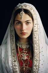 a woman in a white veil and red dress