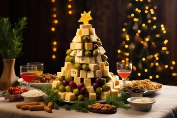 Christmas tree appetizer made of different types of cheese and olives with xmas tree bokeh at festive dinner table