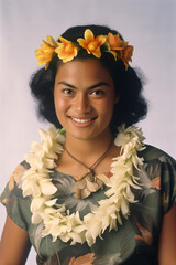 a woman with a flower lei lei around her neck