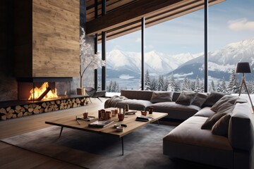 modern chalet with panoramic views on mountains interior design with fireplace