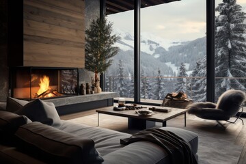 modern chalet with panoramic views on mountains interior design with fireplace - obrazy, fototapety, plakaty