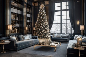 luxury christmas tree in black golden in modern living room interior of hotel or mansion house