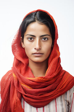 a woman with a red scarf on her head