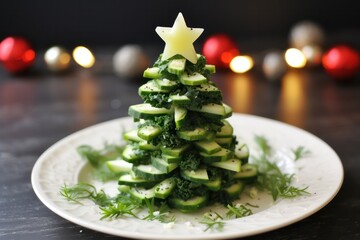 christmas tree made of cucumber. Creative salad catering. - obrazy, fototapety, plakaty