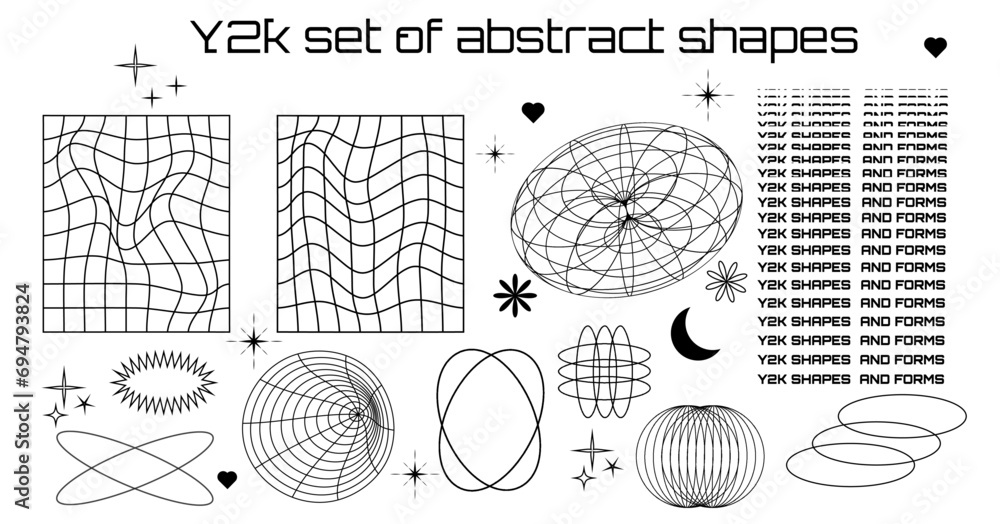 Poster set of abstract form and shapes in psychedelic style. rave. wireframe elements. retro y2k. vector il