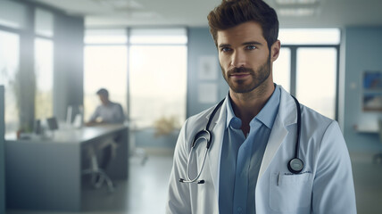 Portrait of handsome male doctor standing in hospital office. Medical and healthcare concept.