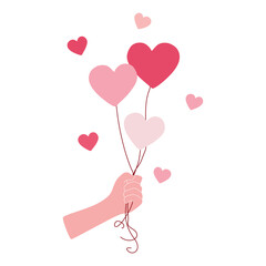 Hand holding Pink heart balloons isolated on white background. Flat Cartoon vector illustration. Valentine Day Holiday decoration, Greeting card template. Love and Romantic feelings concept.