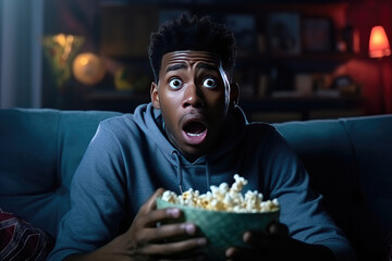 Concentrated african american man with popcorn in hands watching tv at home