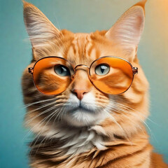 Fototapeta premium Orange cat with sunglasses on blue background. AI generated.
