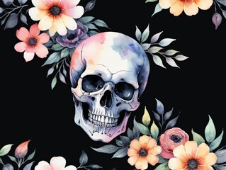Watercolor Illustration Of Ai-Generated Black Background With Skull And Flowers.