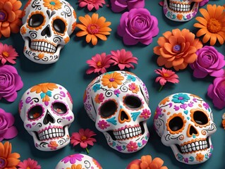 3D Illustration Of Day Of The Dead Celebration With Sugar Skulls And Flowers.