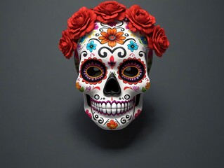 3D Illustration Of Sugar Skull With Calaveras Makeup For Dia De Los Muertos.