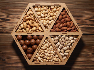 Variety of nuts in a wooden box on a wooden rustic background. Top view.