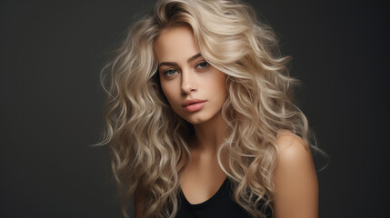 Studio portrait of beautiful young woman. Positive expression portrait of stylish blonde lady. AI generated.