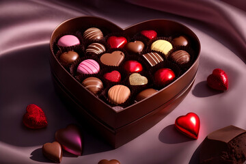 Chocolate candies in the shape of hearts. Delicious sweets for Valentine's Day, Women's Day, Mother's Day, Birthday & more. Generative AI.