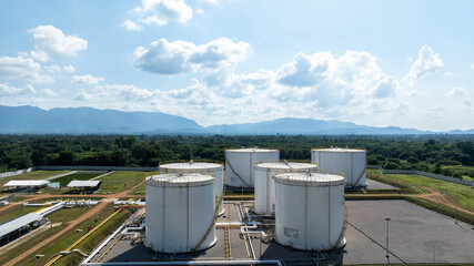 Aerial view fuel storage tank oil, Large white industrial for tank oil., Crude oil export factory industry storage tank industrial pipes, Business petrochemical industrial.