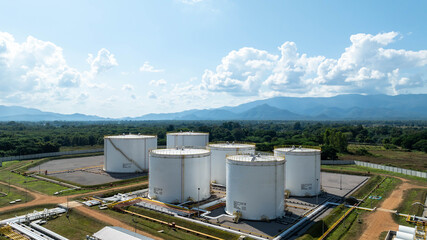 Aerial view fuel storage tank oil, Large white industrial for tank oil., Crude oil export factory...
