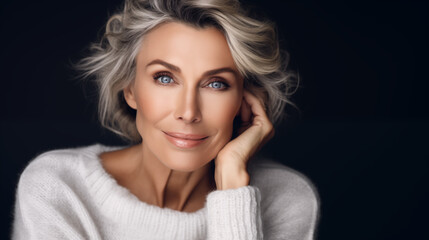 Fototapeta premium Studio portrait of beautiful natural middle aged woman. Smiling positive portrait of stylish blonde lady. AI generated.