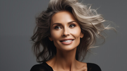 Studio portrait of beautiful natural middle aged woman. Smiling positive portrait of stylish blonde lady. AI generated.