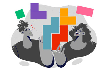 Teamwork man and woman stacking large tetris blocks for concept of importance employee collaboration