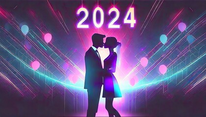 Obraz premium A couple kissing at the new years eve of 2024 