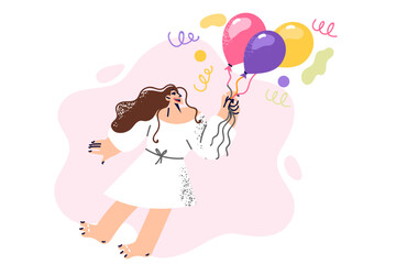 Happy woman flies holding balloons in hand, for concept of lightness and mental purity
