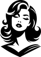 Vintage Glamour. Vector Portrait Logo of a Retro-Style Woman - Black Silhouette on White Background