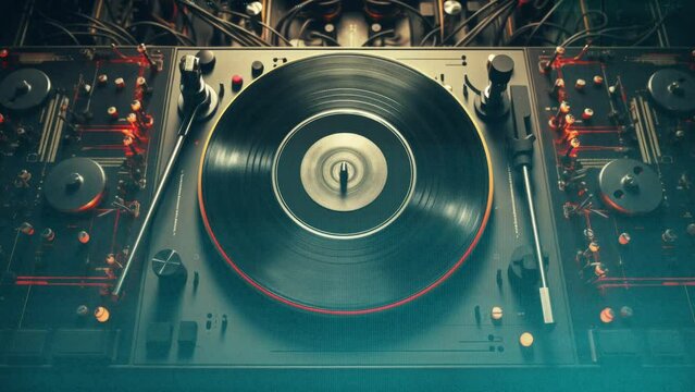 future style music dj turntables and audio control with cyberpunk city skyline