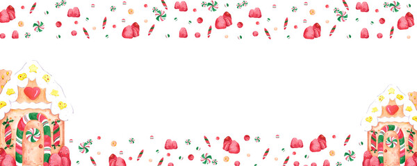 Hand drawn watercolor gingerbread house and sweets banner boarder isolated on white background. Can be used for web banner, label and other printed products. - obrazy, fototapety, plakaty