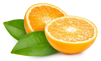 Fresh organic orange with leaves isolated on white background