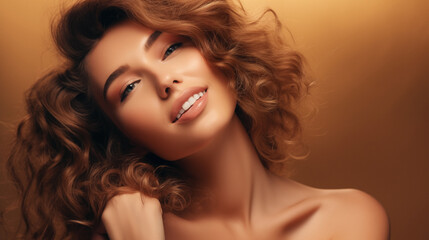 Naklejka premium Fashion model studio portrait. Beautiful positive woman portrait
