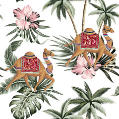 Camel animal, palms, hibiscus flower, tropical leaf seamless pattern. Asian wallpaper.