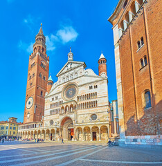 The sculptured facade of Cremona Cathedral, Italy