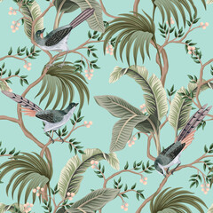 Vintage garden berry tree, palm leaves, exotic bird floral seamless pattern blue background. Exotic chinoiserie wallpaper. - 694800049